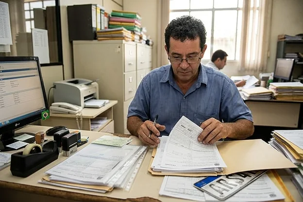 Profissional de despachante em Birigui revisando documentos para emplacamento.